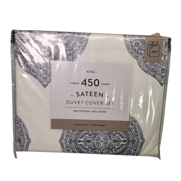 Sateen King 450 Thread Count Cotton Duvet Cover Set Blue Medallion - Picture 1 of 8